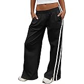 Fisoew Womens Wide Leg Pants Casual Baggy Elastic Waist Side Slit Contrast Stitch Loose Workout Sweat Pants with Pockets