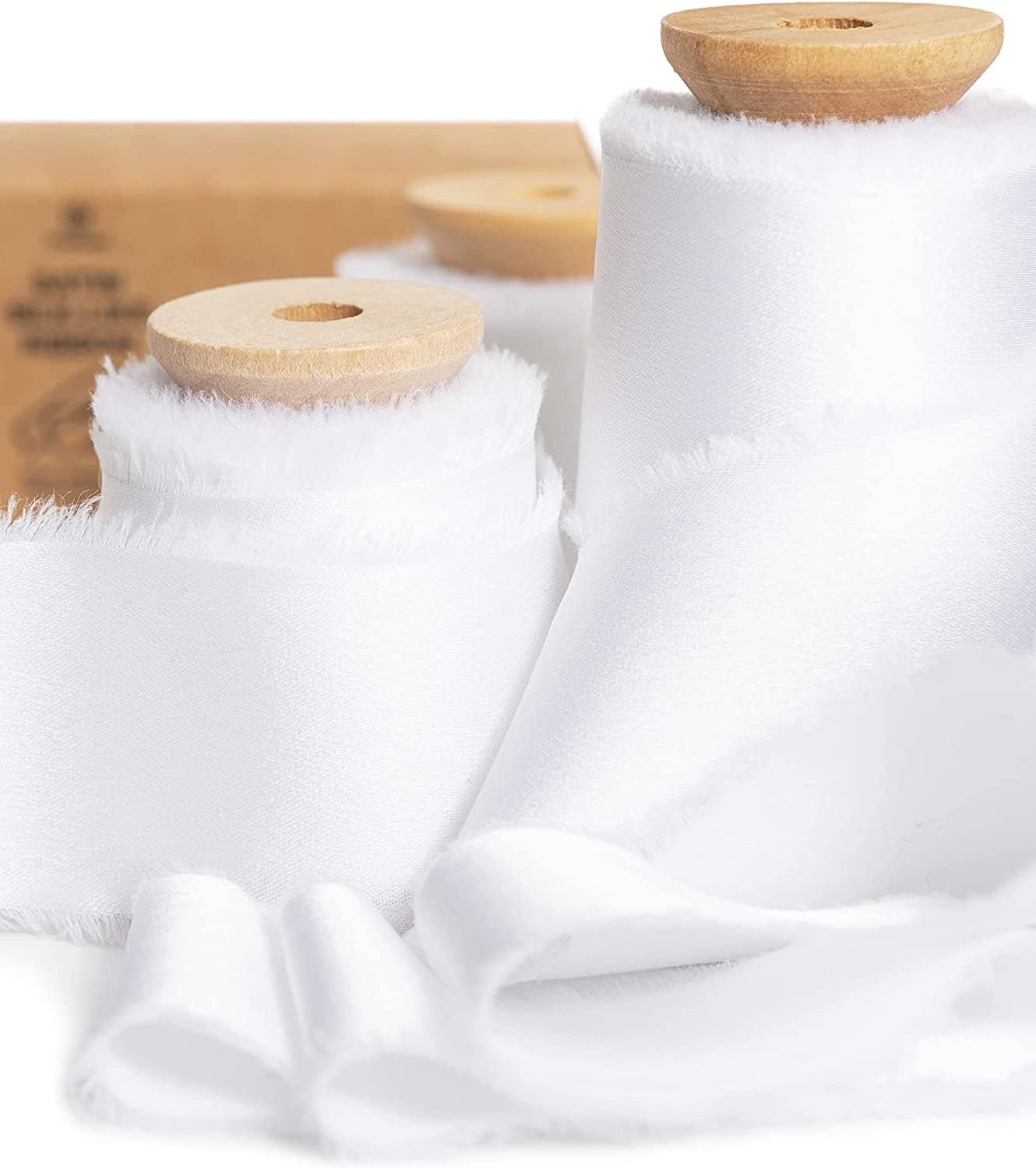Vitalizart White Silky Satin Ribbon, 1.5'' x 15 Yard with Wooden Spool, Handmade Fringe Chiffon Ribbons for Gift Wrapping, Festive Decoration, DIY Craft, Wedding Bridal Bouquet
