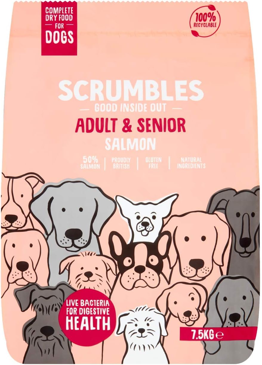 Scrumbles Natural Dry Dog Food, Grain Free Recipe with Fresh Salmon, for Adults and Senior Breeds 7.5 kg Bag