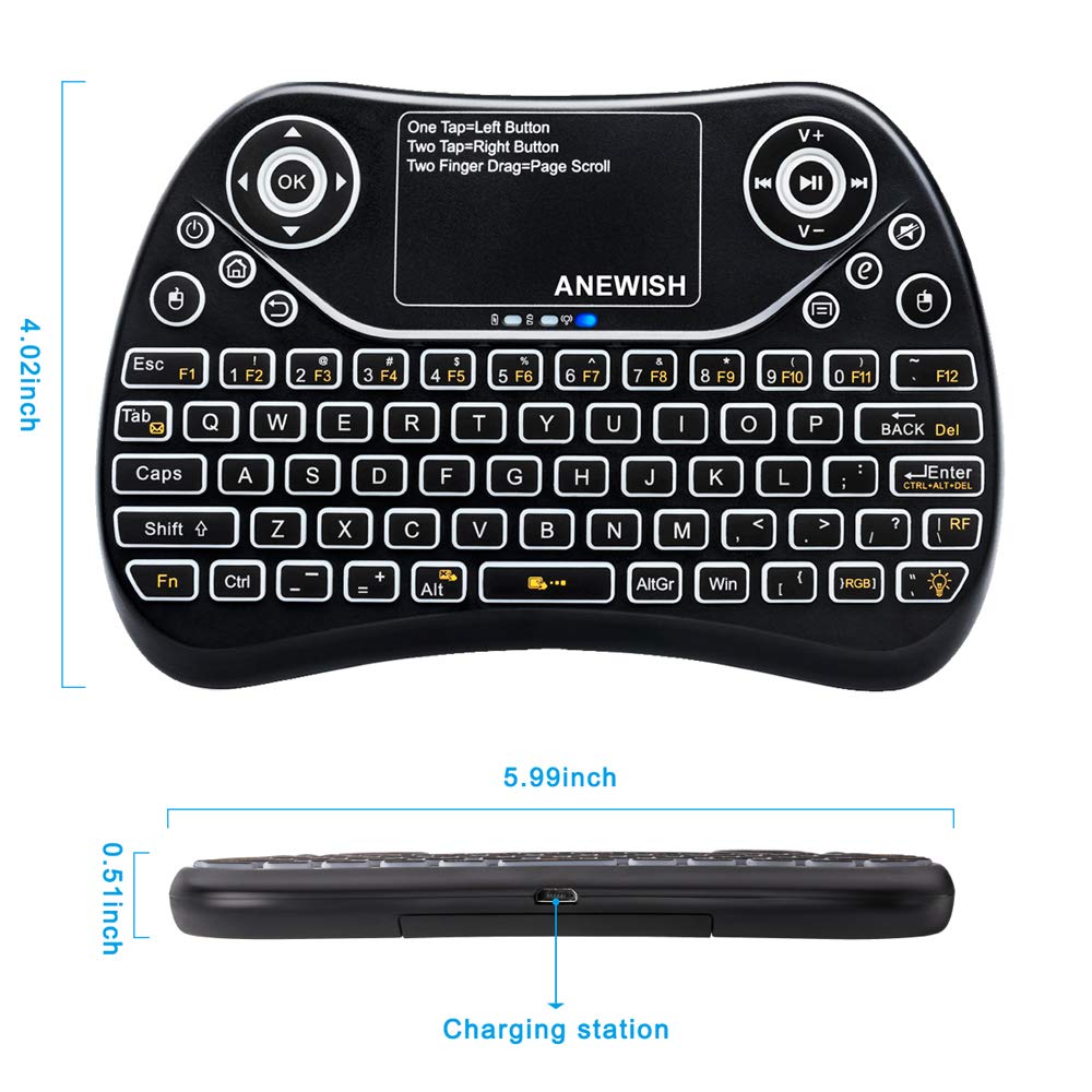 ANEWISH 2.4GHz Wireless Mini Keyboard LED Backlit RGB 7 Color with Touchpad Mouse Combo, Rechargable Compatible with PC,HTPC,Tablet,Smart TV,Projector,Android TV Box