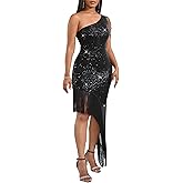 Cololura Women Sequin Elegant Sexy Tassels One Shoulder Mermaid Bodycon Cocktail Evening Midi Party Formal Dress