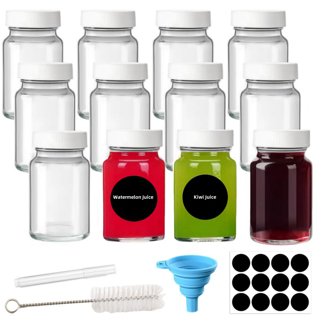 MEETOZ 12 Pack 2oz/60ml Reusable Mini Clear Glass Shot Bottles,Wellness Shots Bottles for Juice, Ginger, Small Glass Jars,with Lids, Funnel, Labels, Pen,Cleaning Brush