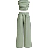 WDIRARA Women's 2 Piece Set Ruched Strapless Tube Top Wide Leg Pants Outfits