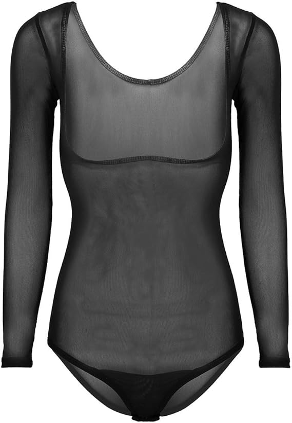 LinvMe Women's Mesh Sheer Chest Opened Belly Dance Bodysuit Black Long