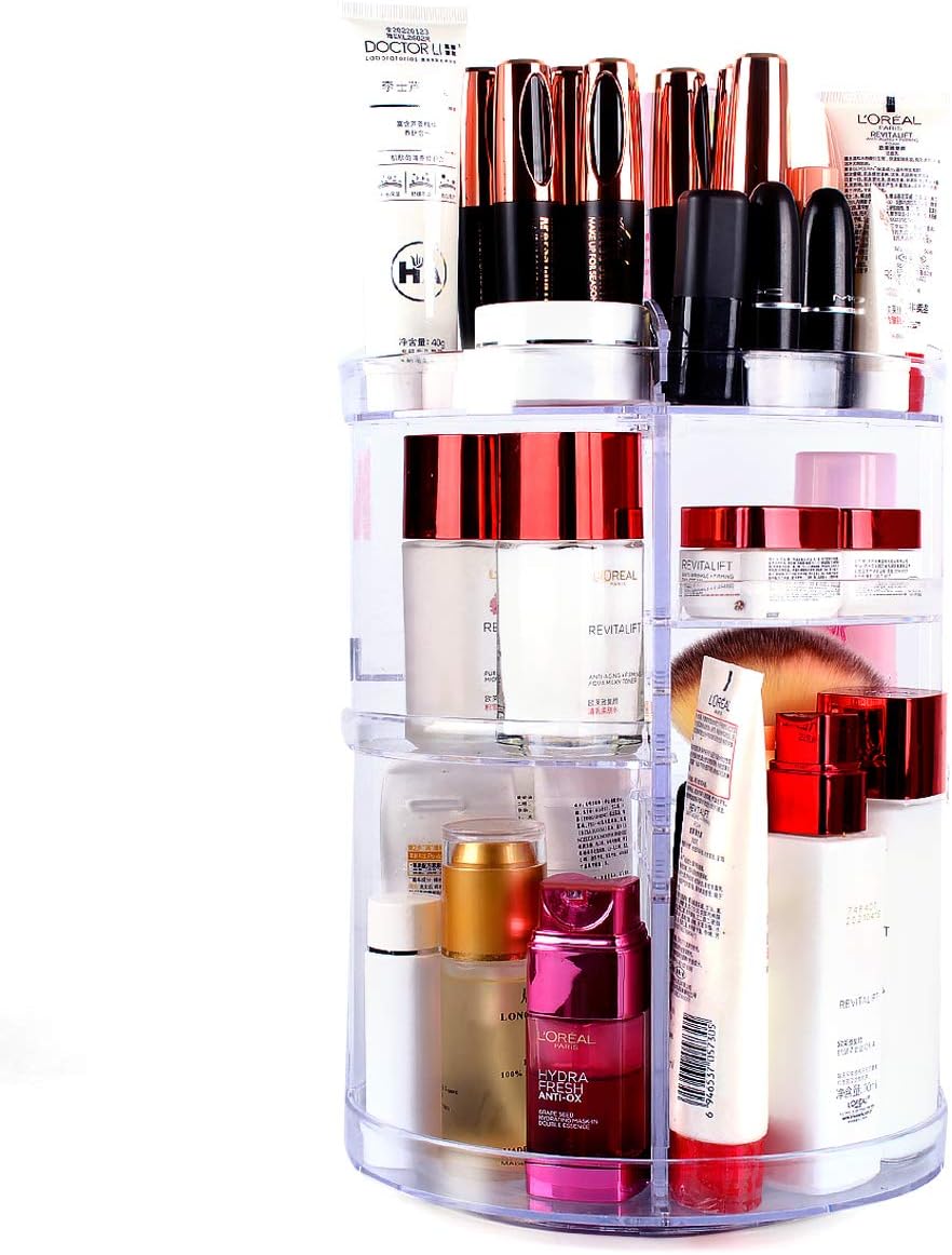 Portin 360 Rotating Makeup Organizer- Large Crystal Adjustable Jewelry Spinning Cosmetic Display Storage-13.4 x 8.46 inches with 8 Layers Large Capacity Cosmetic Display for Dresser, Bedroom, Bathroom