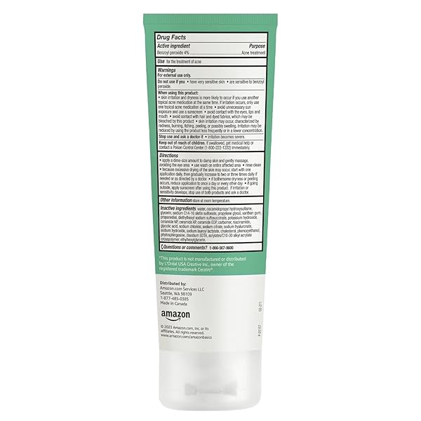 AMAZON BASICS ACNE CREAM CLEANSER WITH 4% BENZOYL PEROXIDE, 5 FLUID OUNCES, 1-PACK