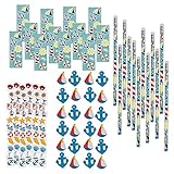 288 Piece Bulk Value Pack Set Nautical Party Favor Supplies Accessory Kit Pencils Stickers Erasers & Tattoos, Whale Crab Fish Seashells Sailboat Lighthouse Anchor Life Ring Buoy Ship Wheel Sailor Hat