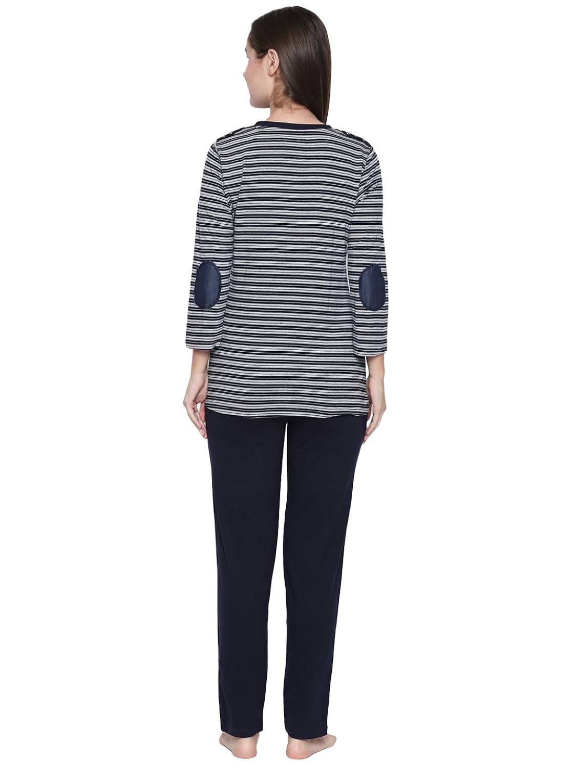 valentine women's navy blue lycra fabric 3/4th sleeves night suit