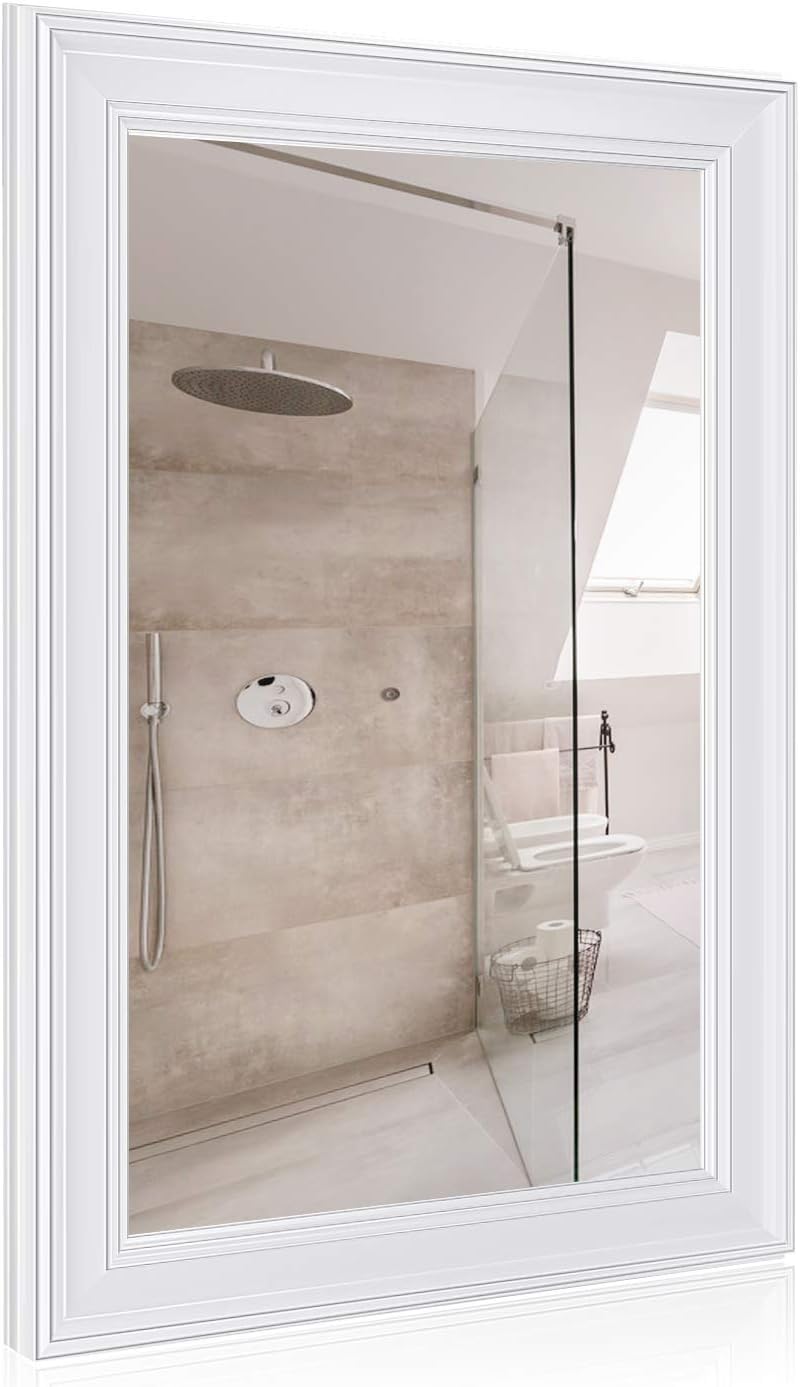 Openuye 24"×16" Wall Mirror Bathroom Wall-Mounted Mirror Vanity Mirror Rectangular White Framed Mirror for Living Room, Bedroom