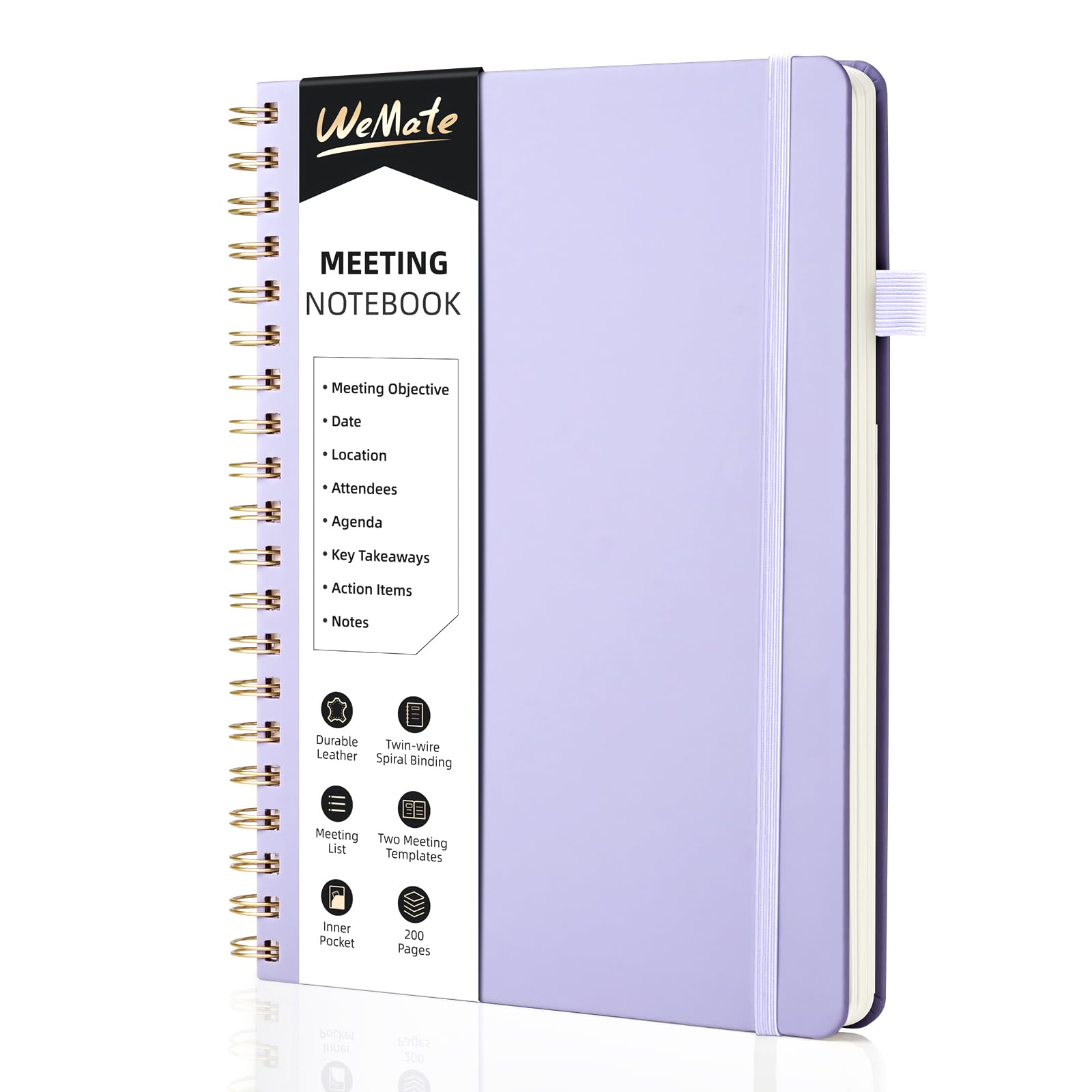 WEMATE Meeting Notebook B5 (7"x10") - PU Leather Planner Notebook with Agenda, Action Items & Notes - 200 Pages for Men&Women, Staff and Students, Meeting, Projects Planning - Light Purple