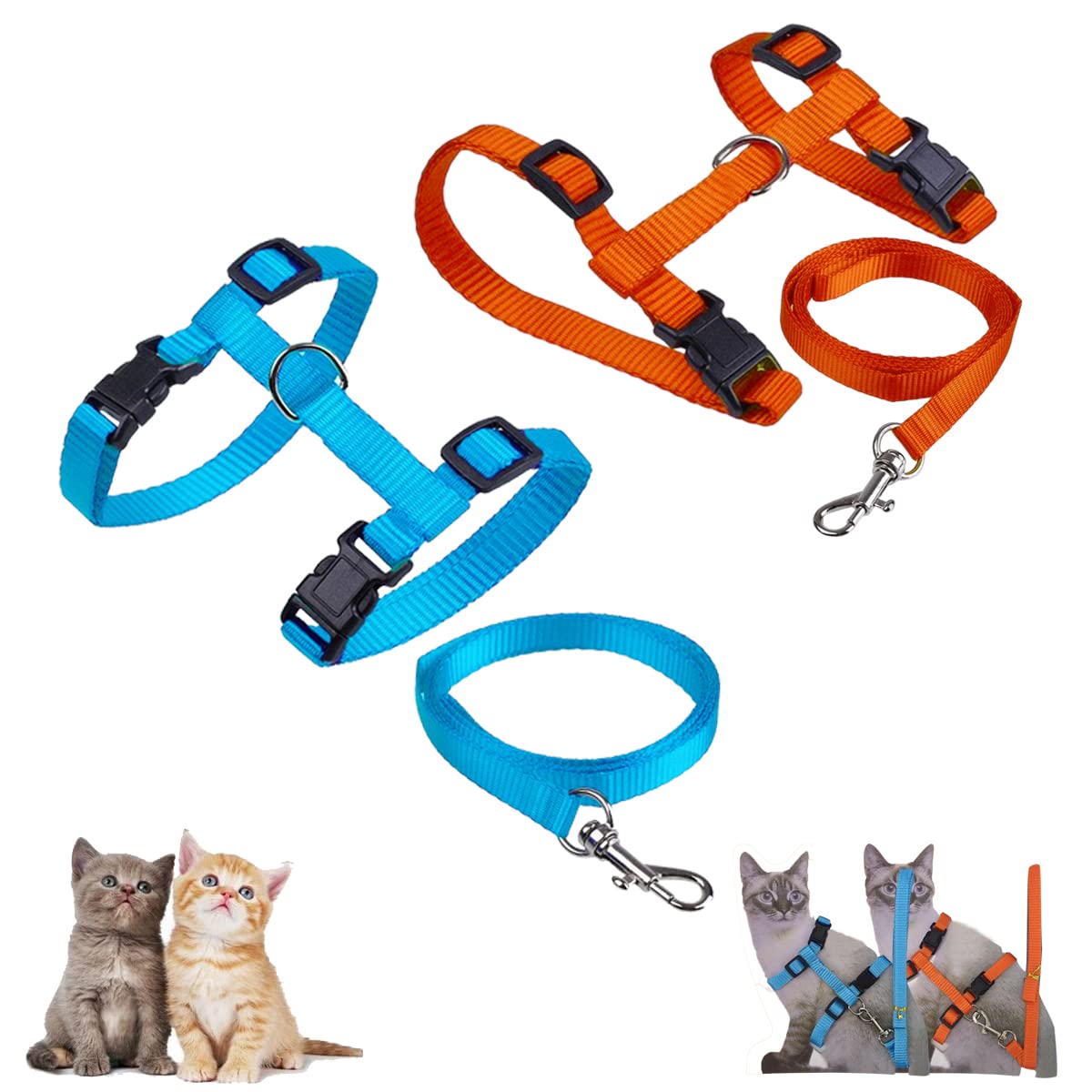 Morices 2 Pack Cat Harness and Leash, Adjustable Comfortable Nylon Pet Strap Collar with Leash, Escape Proof Safety Rope Leads Chest Strap for Kitten Puppy Rabbits Walking Training (Orange & Blue) — image 1