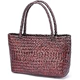 QTKJ Hand-woven Large Retro Straw Shoulder Bag for Women Summer Beach Boho Rattan Tote Travel Bag with Straw Top Handle (Red)
