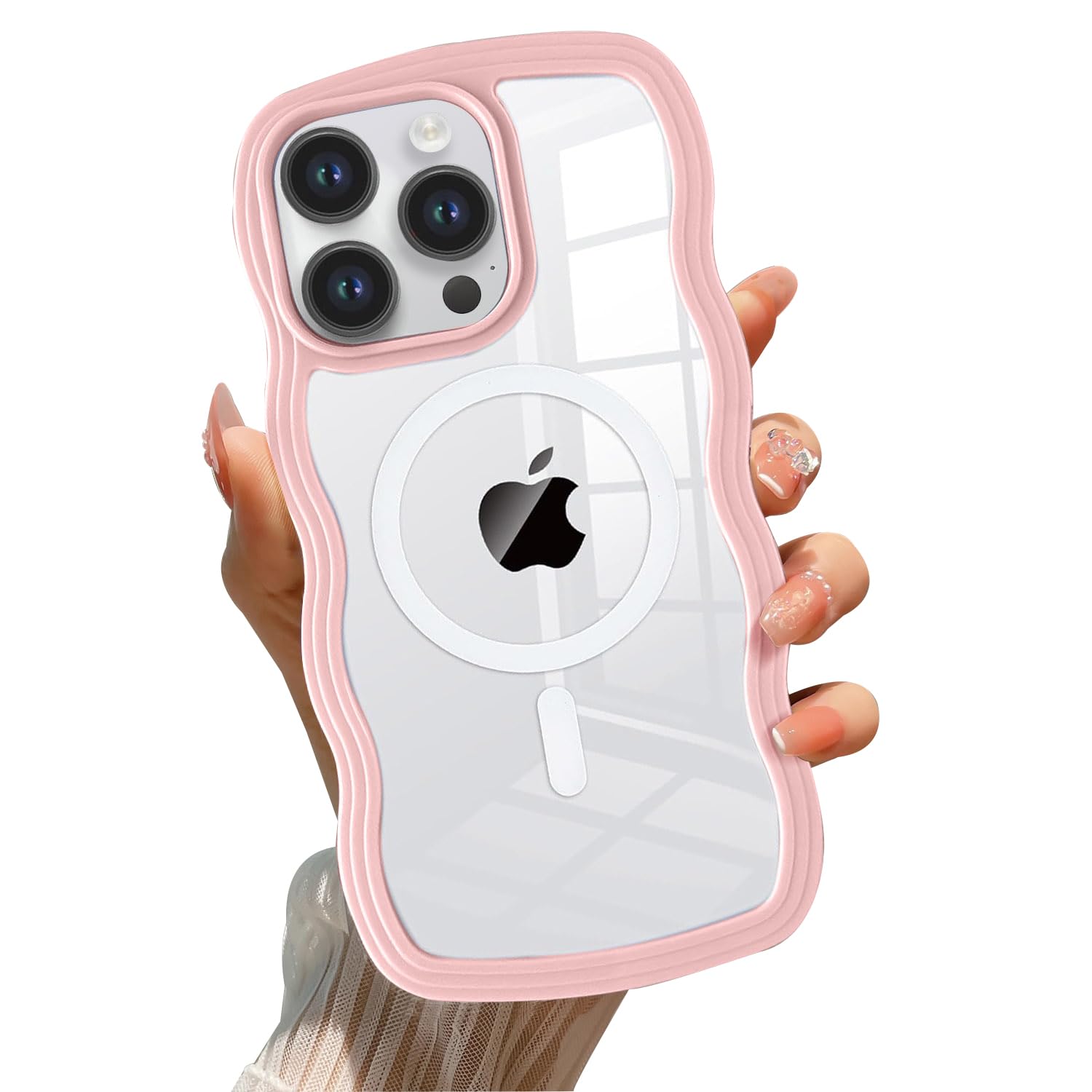 QLTYPRI Magnetic for iPhone 14 Pro Case Compatible with Magsafe, Cute Curly Wave Frame Clear Case for Girls Women, Transparent TPU Bumper Shockproof Protective Phone Case Cover for iPhone 14 Pro-Pink — image 1