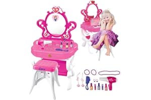 DIMPLE 2-in-1 Musical Piano Vanity Set Girls Toy Makeup Accessories Working Piano, Flashing Lights, Big Mirror, Pretend Cosmetics, Hair Dryer, Princess Image Appears in Mirror(7 AA Batteries Included)