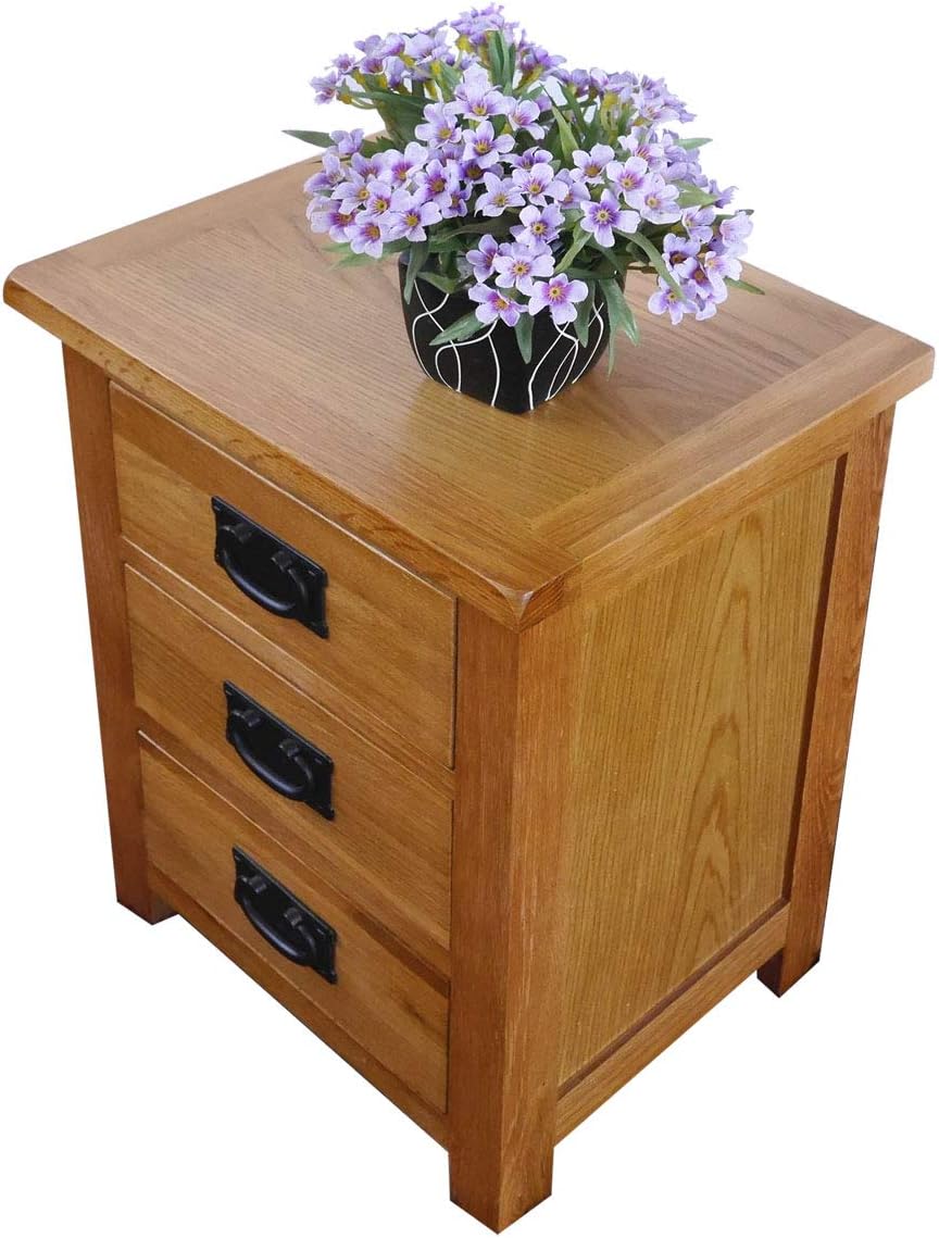 Aurotrice OAK Bedside Table 3 Drawers, NC Paint Cabinet, OAK MDF Board & Hardwood W:42 D:32 H:56 CM, Light Brown, 42 x 32 x 56cm - Image 5