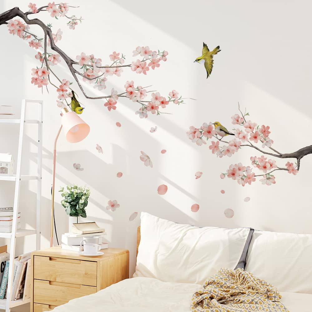 Runtoo Pink Flower Branch Wall Stickers Cherry Blossom Birds Deco Living Room Bedroom Children Baby Decoration — image 1