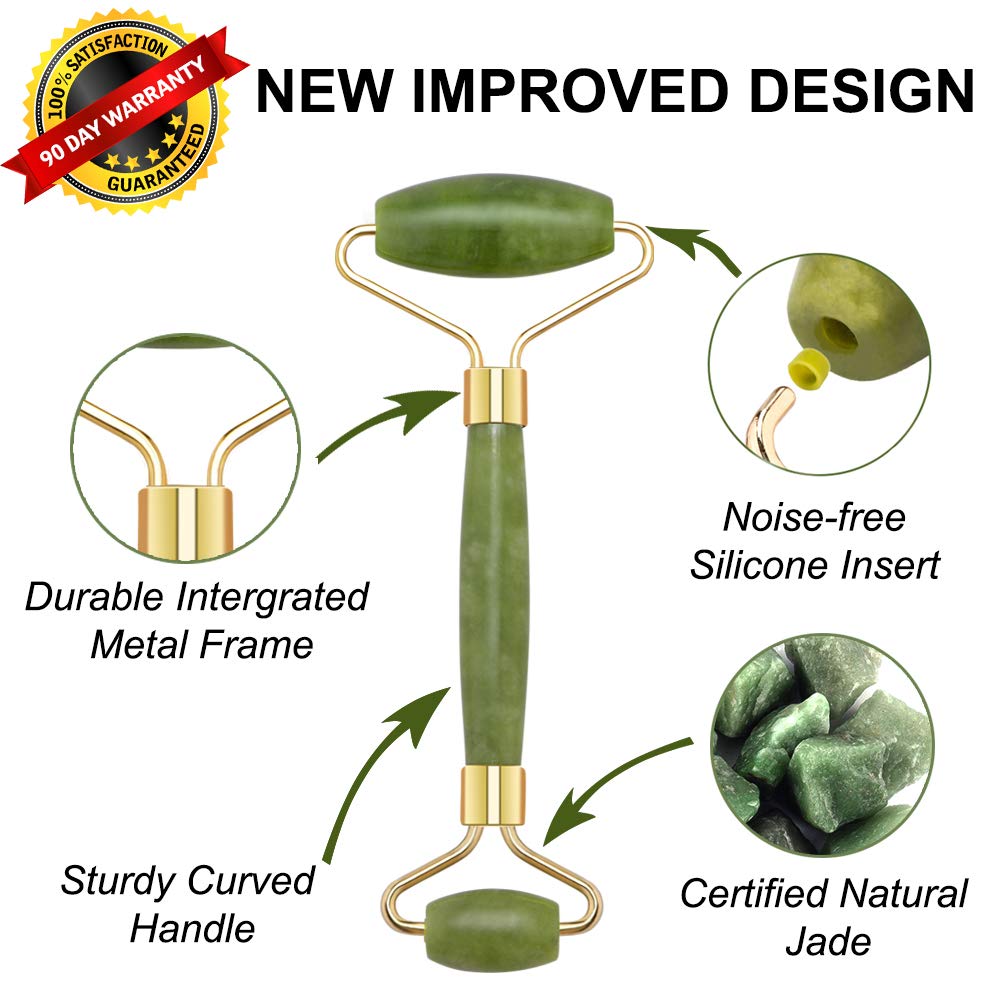 Jade Roller for Face & Gua Sha Scraping Tool, 100% Real Natural Jade Facial Roller, 2 in 1 Anti-Aging Face Roller Massager for Cheeks Slimmer, Skin Tightening, Face Firming, Rejuvenate Skin (Green)