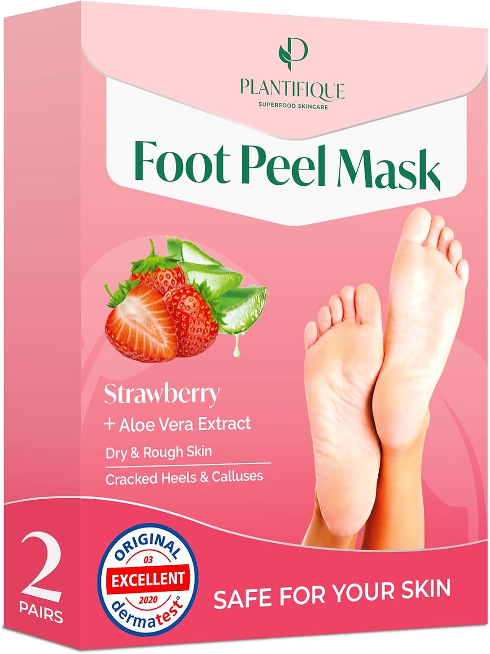PLANTIFIQUE Foot Peel Mask 2 Pairs Exfoliating Dermatologist Tested Strawberry