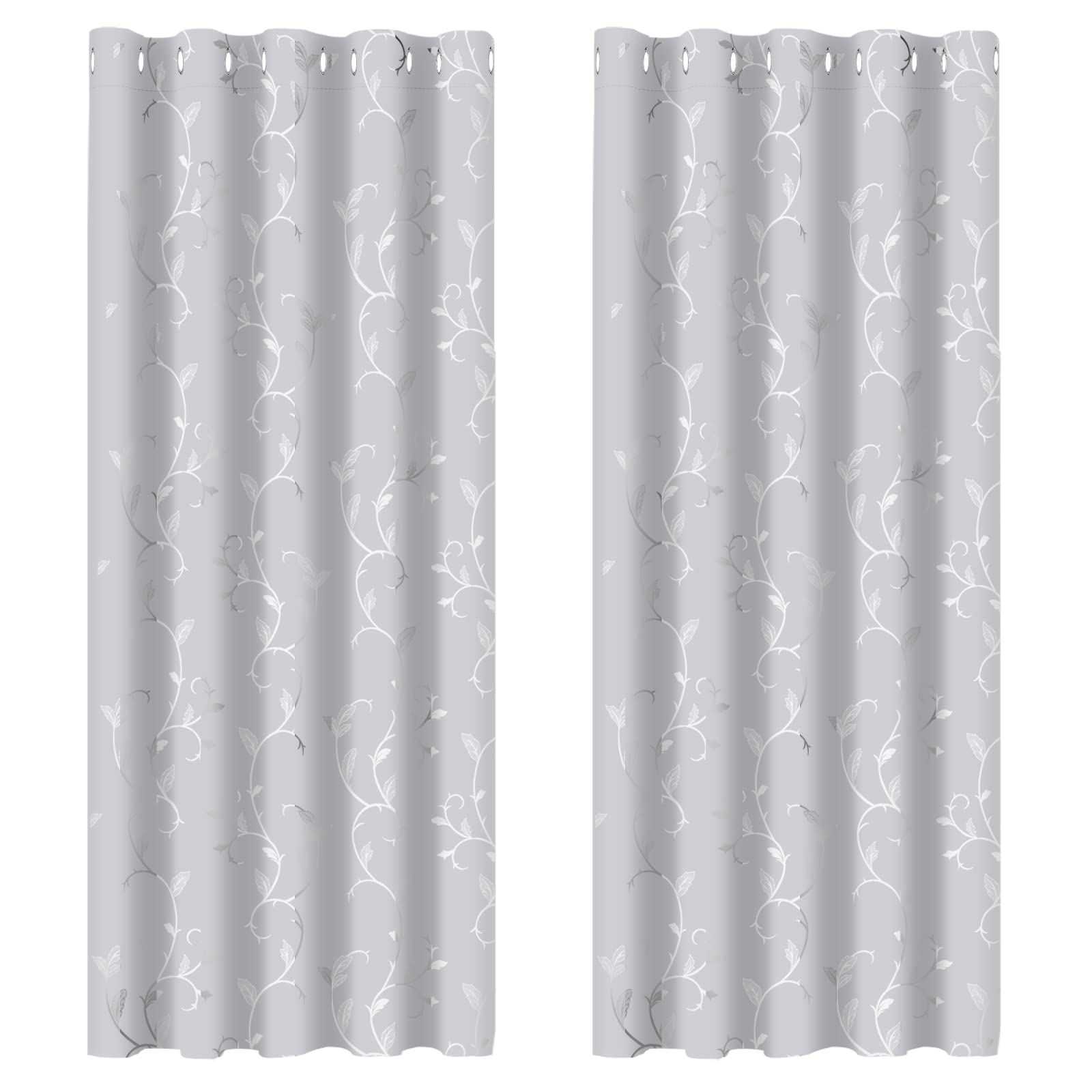 BUHUA Blackout curtains with eyelets, thermal curtains, opaque curtains, blackout curtains, vine pattern, living room, set of 2, H 229 x W 168 cm, grey white