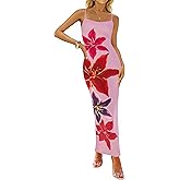 ZESICA Women’s Summer Bodycon Maxi Dresses 2026 Floral Spaghetti Strap Square Neck Sleeveless Boho Beach Long Dresses