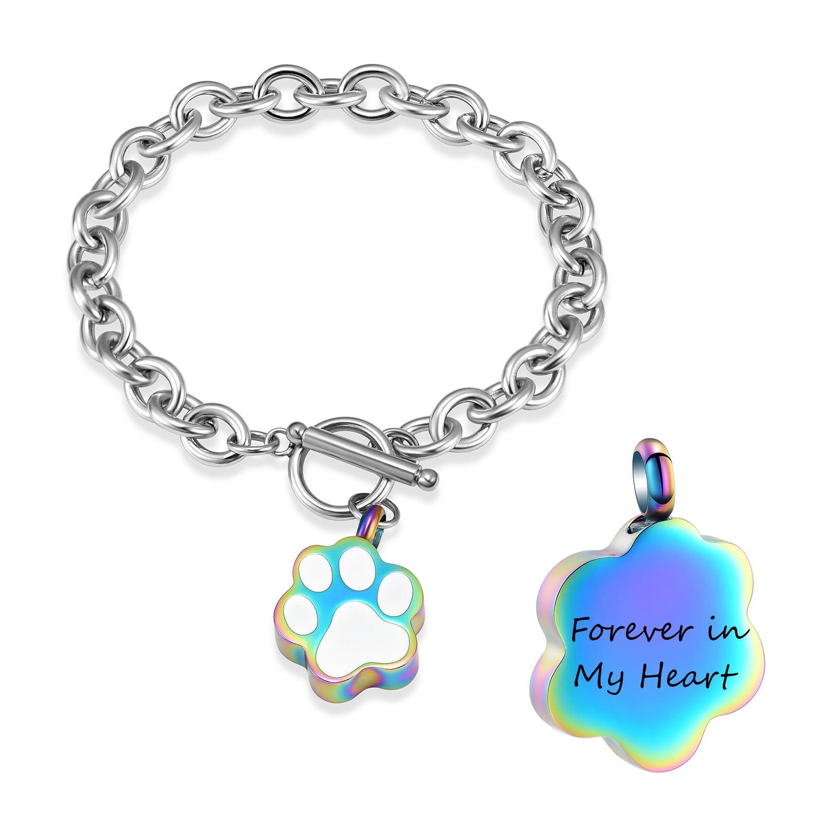 Minicremation Dog Paw Print Cremation Jewelry for Ashes Memorial Urn Bangle for Pet Stainless Steel Urn Bracelet Ashes Holder (Rainbow)