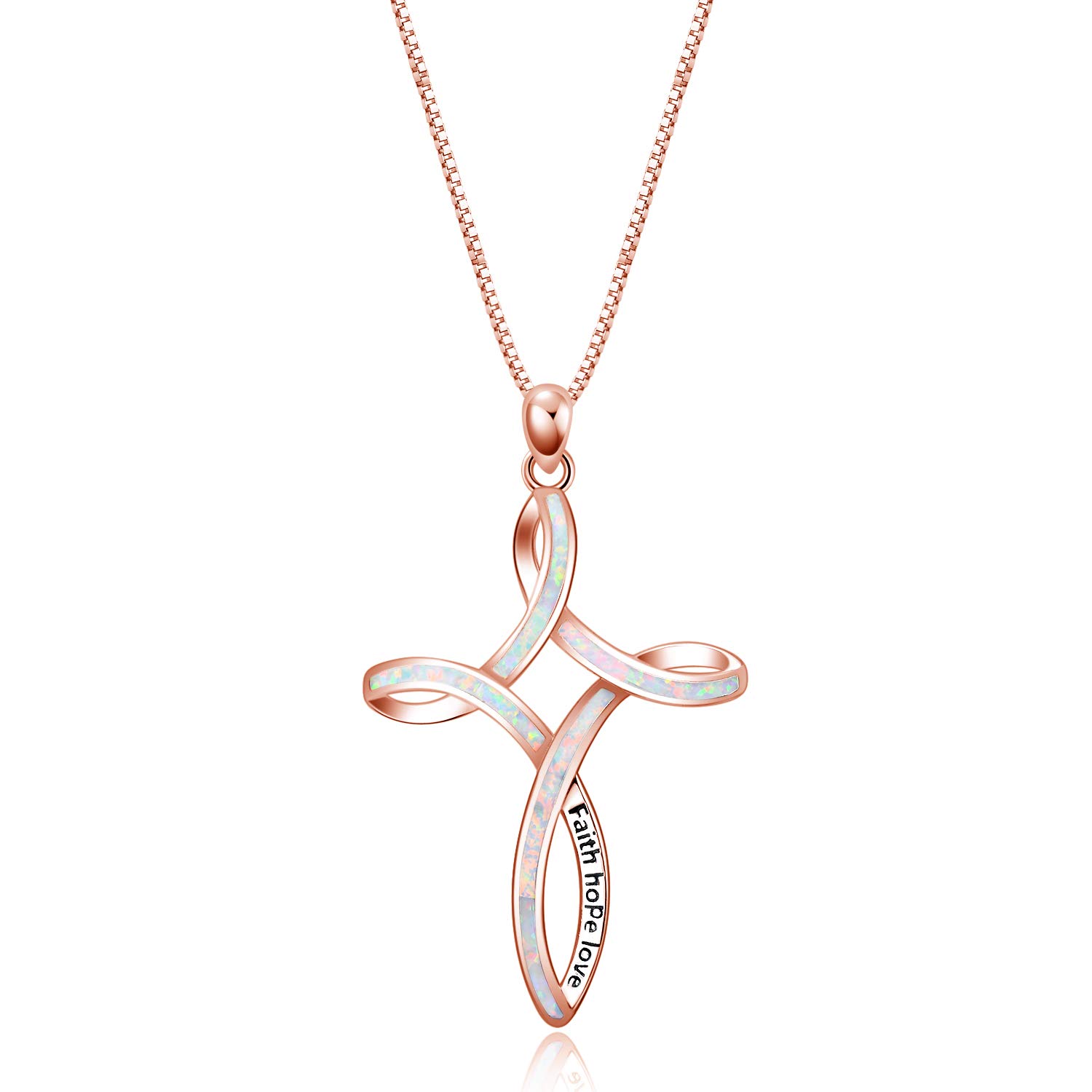 WINNICACA Celtic Knot Necklace Sterling Silver Created Rose Gold Opal Love Knot Pendant Necklaec Jewellery Gifts for Women,Engraved 'faith hope love' at the Celtic Cross Necklace