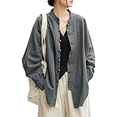 Aeneontrue Women's Linen Oversized Blouses Vintage Long Sleeve Jackets Loose fit Chinese Frog Shirts