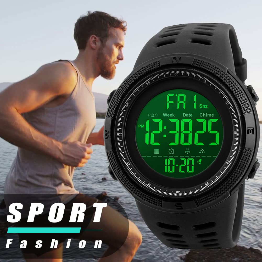 RSVOM Herren Digitaluhren - 50M wasserdichte Herren Digital Sport Uhren, Schwarz große Gesicht Militär Sportuhr LED Armbanduhr für Männer mit Wecker/Count-down-Timer/Doppelzeit/Stoppuhr/12/24H