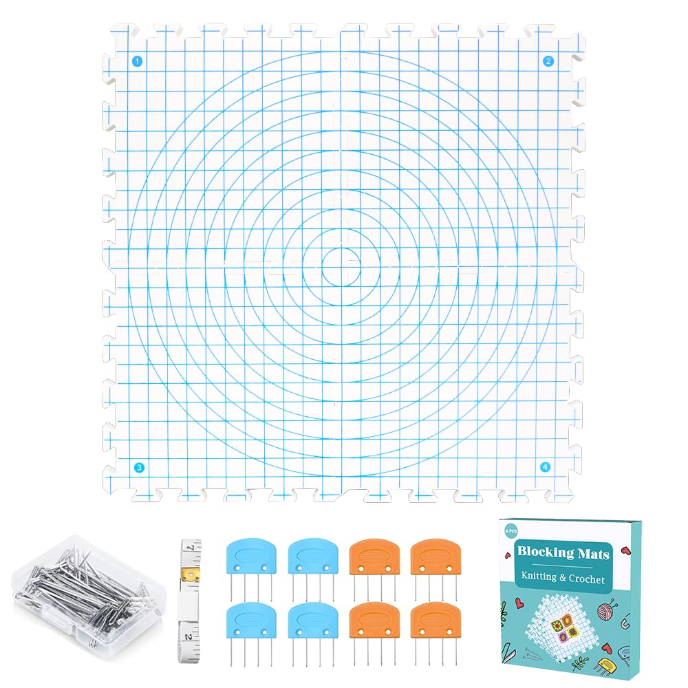 Yarniss Blocking Mats for Knitting & Crochet with 50 T Pins, 12.6" x 12.6" | Extra Thick Knitting Interlocking Blocking Mats