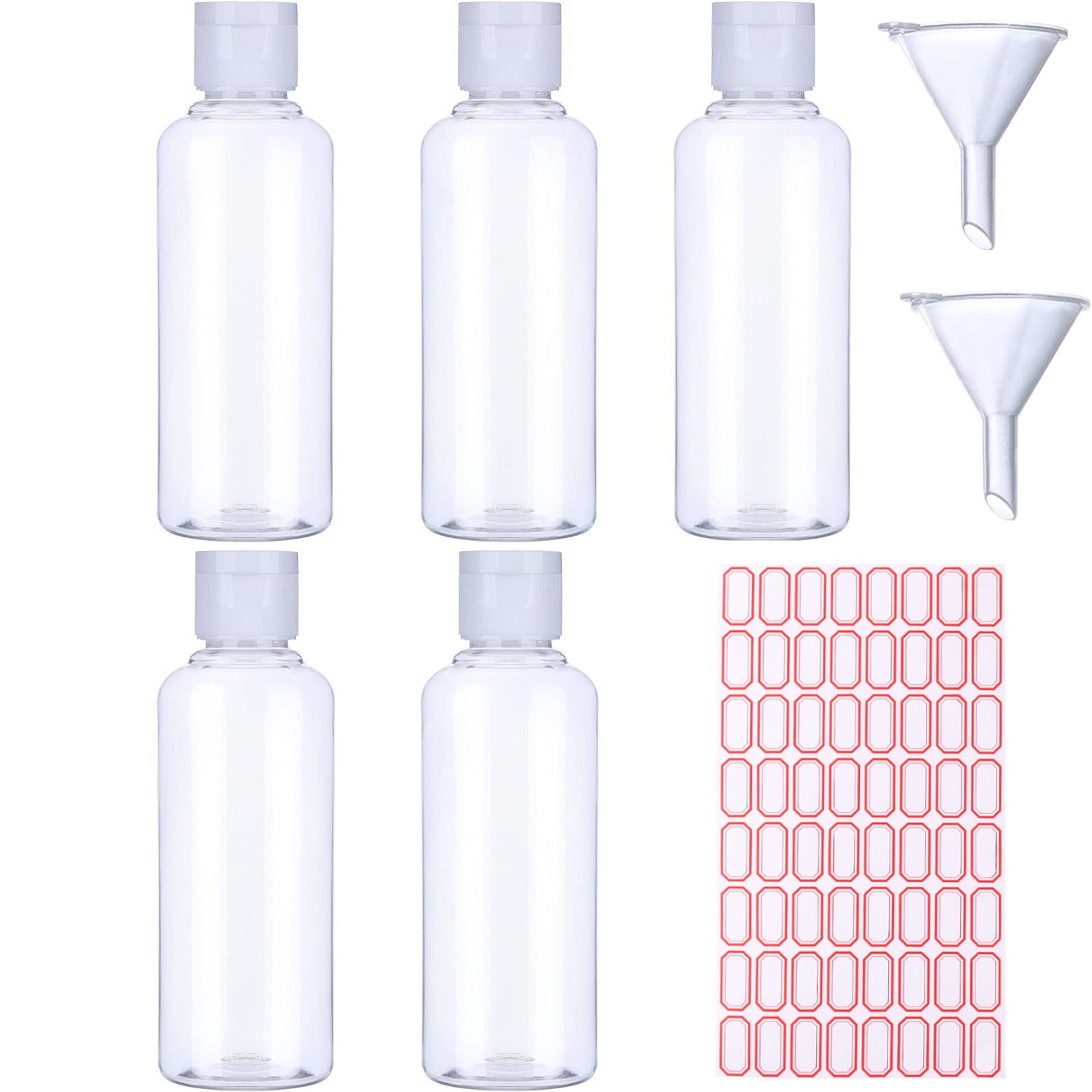 Voarge 5 Pack 100ml Plastic Bottle with 2 Small Funnel and 64 Sheets Free Labels, Transparent Plastic Air Flight Travel Bottle Set with Small Funnel for Flight, Airport, Vacation