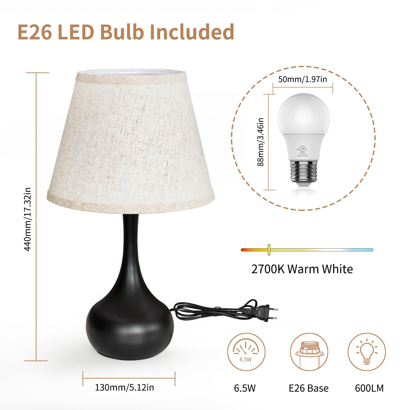 ONEWISH Touch Bedside Lamp for Bedroom, 3-Way Dimmable Farmhouse Table Lamps for Nightstand with Fabric Shade, Desk Lamp for Kids Reading, Home Office