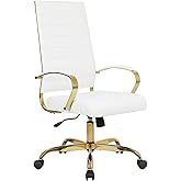 LANDSUN Home Office Chair High Back Executive Chair Ribbed PU Leather Computer Desk Chair with Armrests Soft Padded Adjustable Height Swivel Conference Gold Frame White