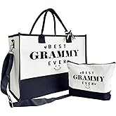 SUSZDOU Best Grammy Ever Gift – Canvas Beach Tote Bag with Matching Makeup Pouch, Reusable Canvas Tote for Women, Mother’s Day Birthday Gift for Grandma Grammy