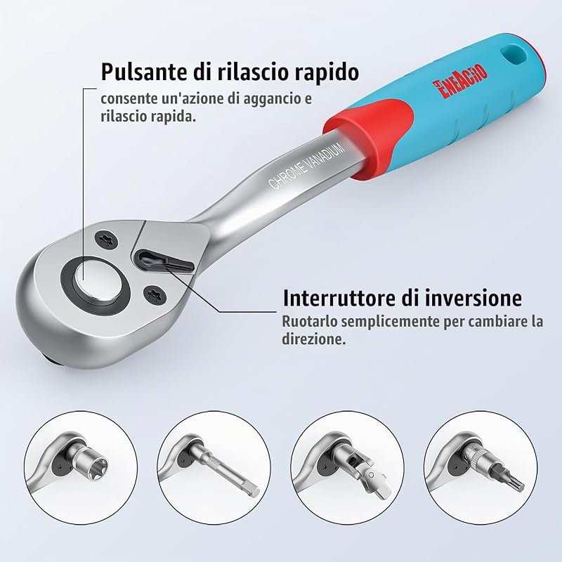 Set Chiavi a Bussola 46 Pezzi con 1/4", Bussole, Estensioni, Bits, Acciaio Cromo-Vanadio, Custodia Inclusa - Set Chiavi a Cricchetto Completo
