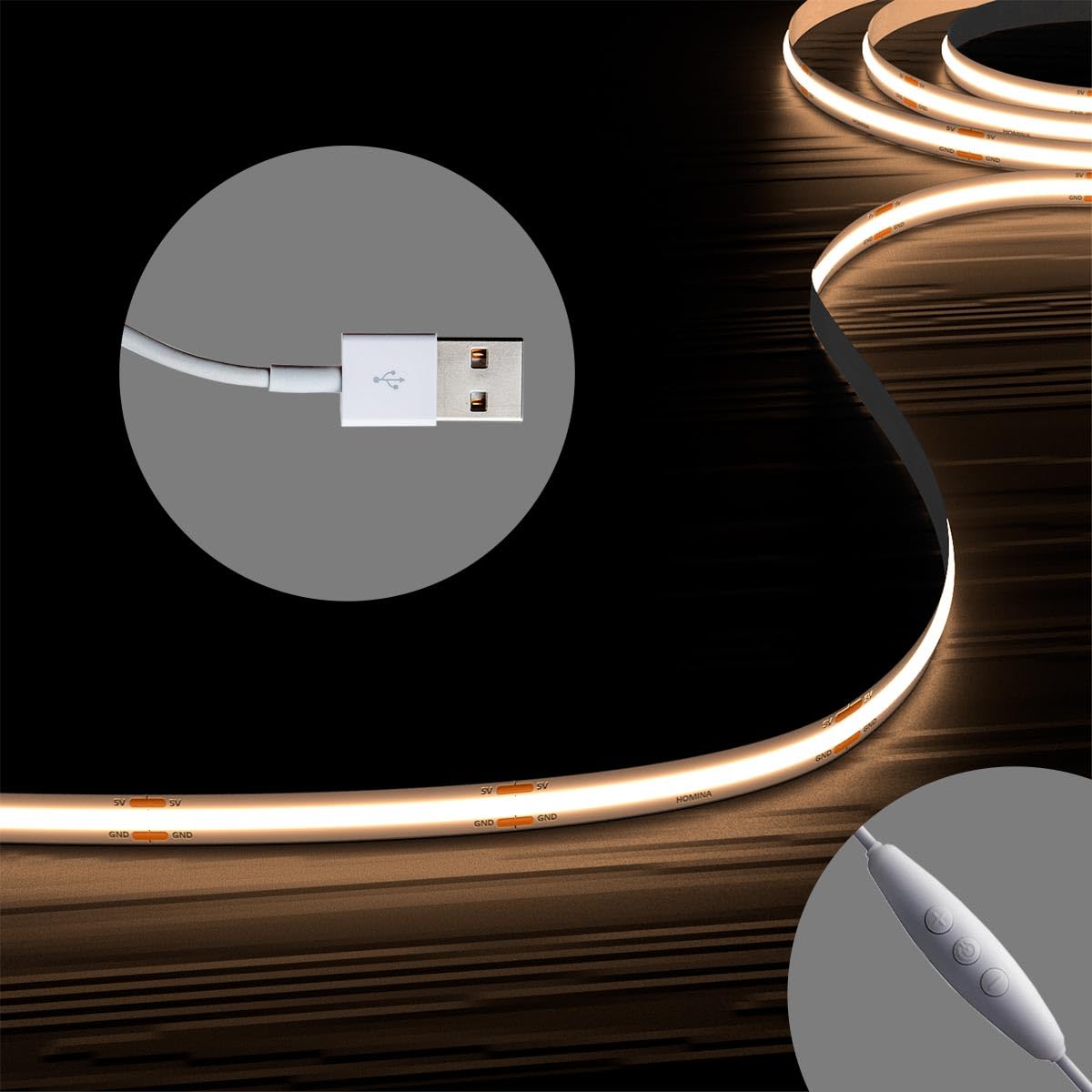 HOMINA COB LED Strip Lights with 3Key Memory Dimmer, USB 2M/6.6FT Ultra Bright 3000K, 90+ CRI LED Tape Lights, Rope Lights for Bedroom, Cabinet, Kitchen TV Backlight