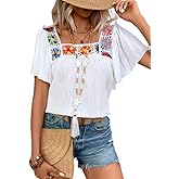 Melliflo Womens Summer Boho Floral Crochet Ruffle Short Sleeve Shirts Hollow Out Square Neck Tops Dressy Casual Blouse