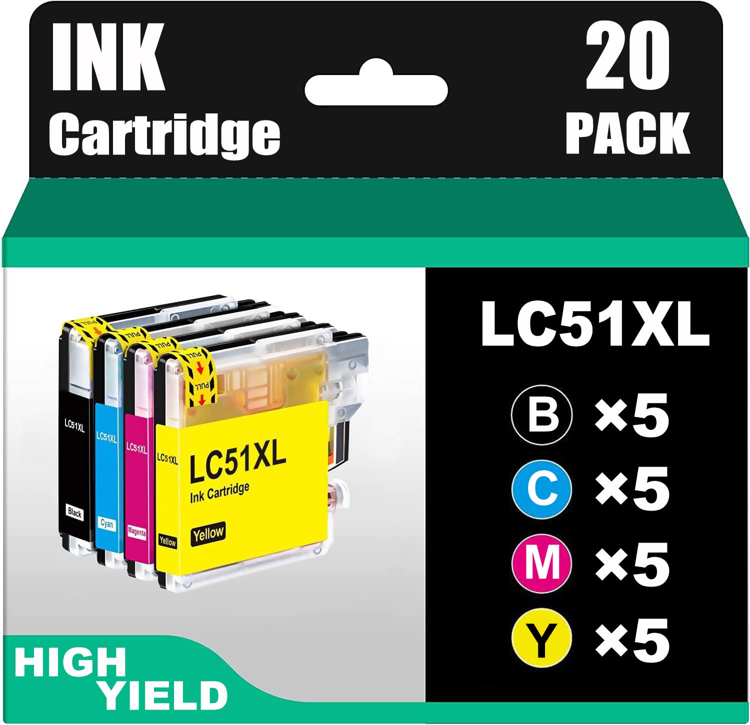 Photo 1 of Jalada Compatible Ink Cartridge Replacement for Brother LC51 LC-51 LC51BK LC51C LC51M LC51Y Compatible with MFC-240C MFC-440CN MFC-465CN MFC-665CW Printer (5 Black, 5 Cyan, 5 Magenta, 5 Yellow)20 Pack