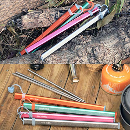 Rover camel 1 Pair of Ultra Lightweight Reusable hollow Pure titanium Chopsticks and 1 Pure titanium Straw,with Free Aluminium Case Strong Healthy (Gray-Pure titanium)