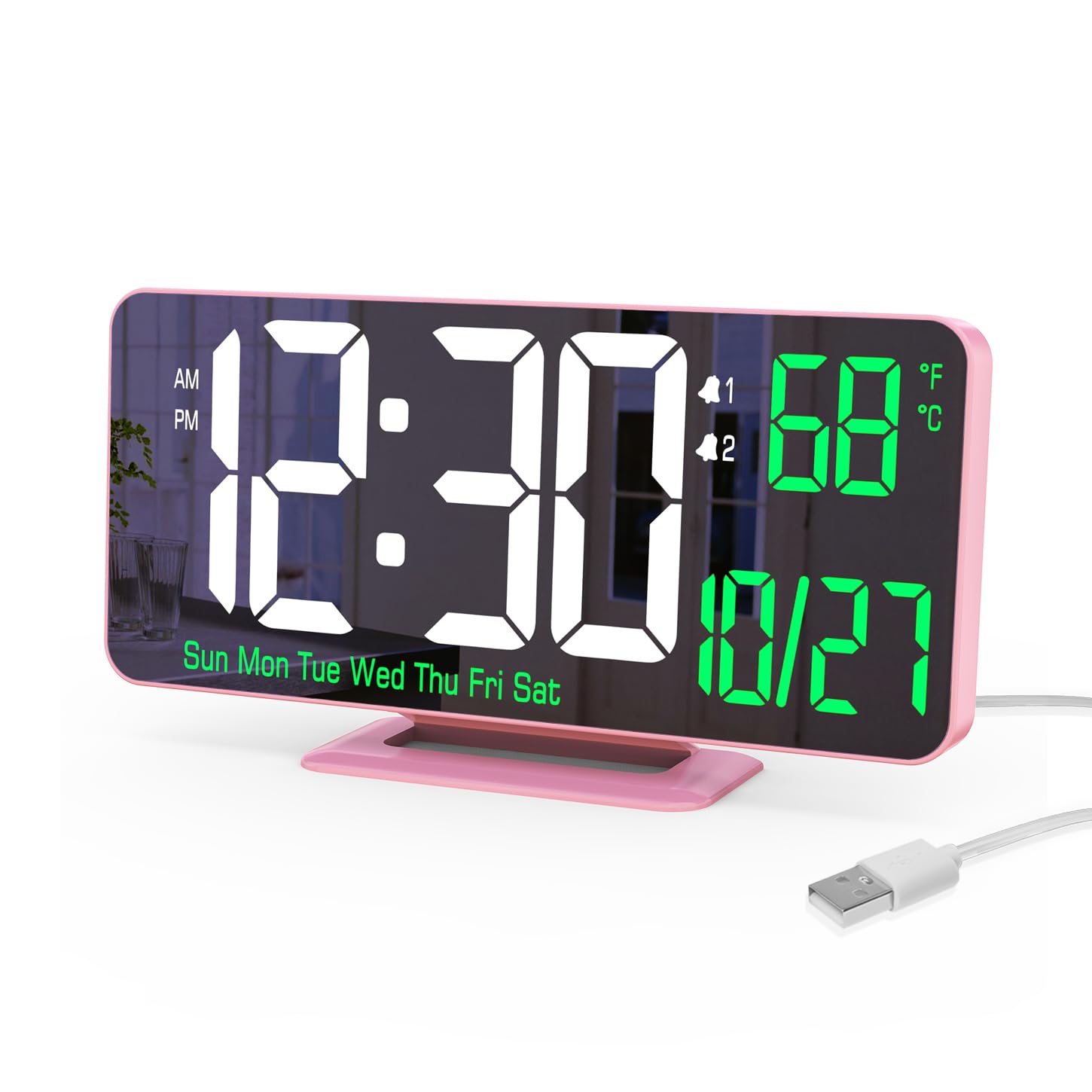 KOSUMOSU - 6.7 Inch Pink Alarm Clock with Dual Alarm, Dimming, 12/24 Hours, Date, Week Day, Temperature, Digital LED Clock