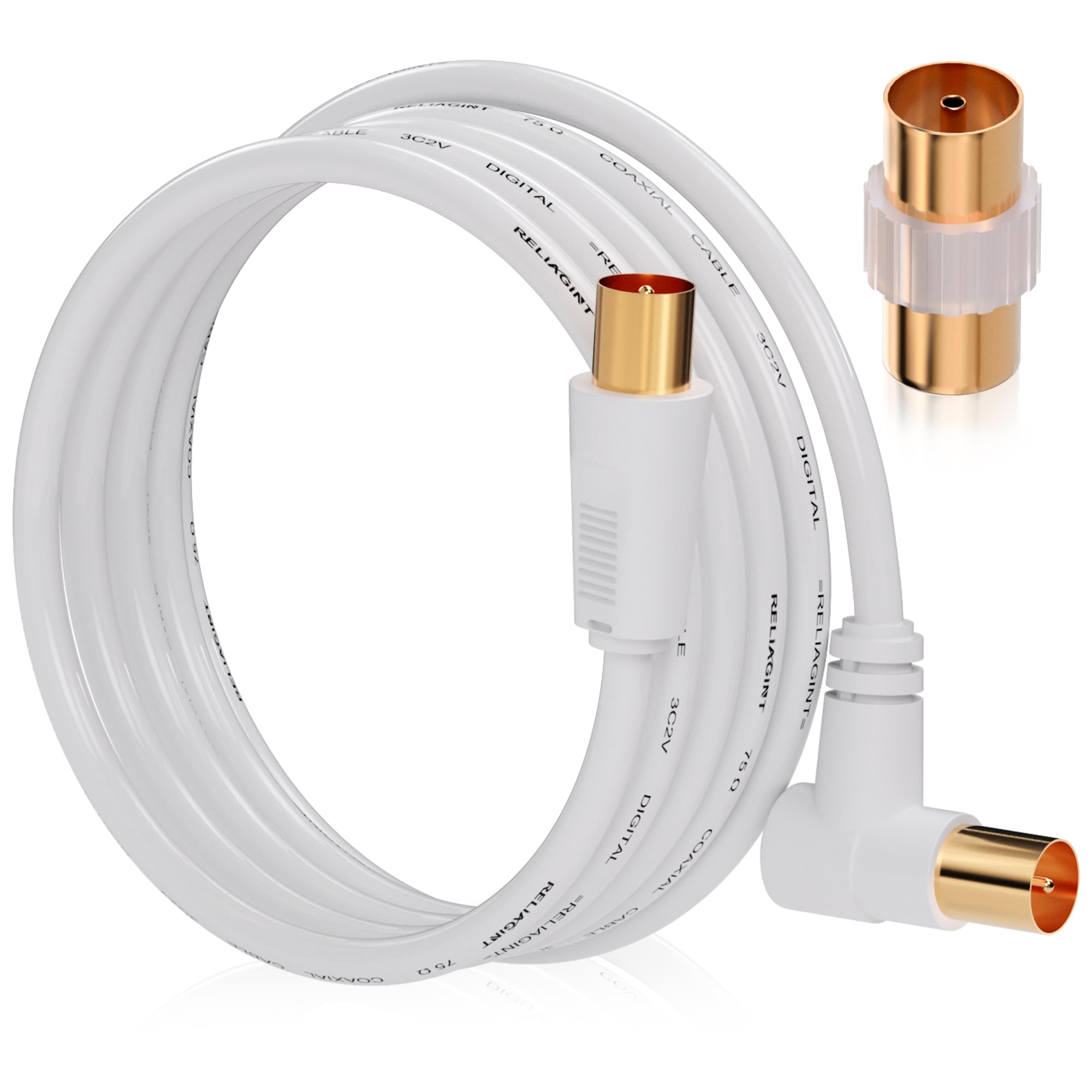 RELIAGINT TV Aerial Cable 0.5m, 75 Ohm Coaxial Lead, IEC 9.5mm Male to Male 3C2V Pure Copper Dual Shielded, Right-Angle Connector, Female to Female Adaptor Included, White