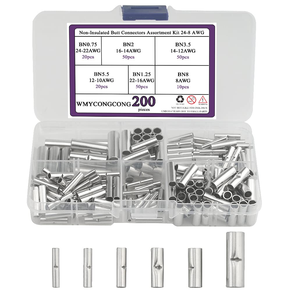 WMYCONGCONG 200 PCS Non Insulated Butt Connectors Kit, Uninsulated Crimp Wire Connectors 24-8 AWG for Electric Splice DIY
