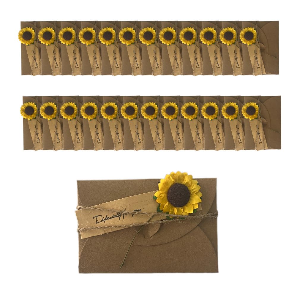 WYAN Small Envelopes, 25 Pieces Vintage Kraft Paper Giftcard, Dried Flower Sunflower Envelopes, Twine, for Birthdays, Weddings, Friends, Family - Good Luck Gifts for Men and Women