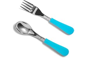 Avanchy Baby Spoons, Forks Stainless Steel and Silicone Set, Self Feeding Food Utensils, 4 Months Baby Led Weaning