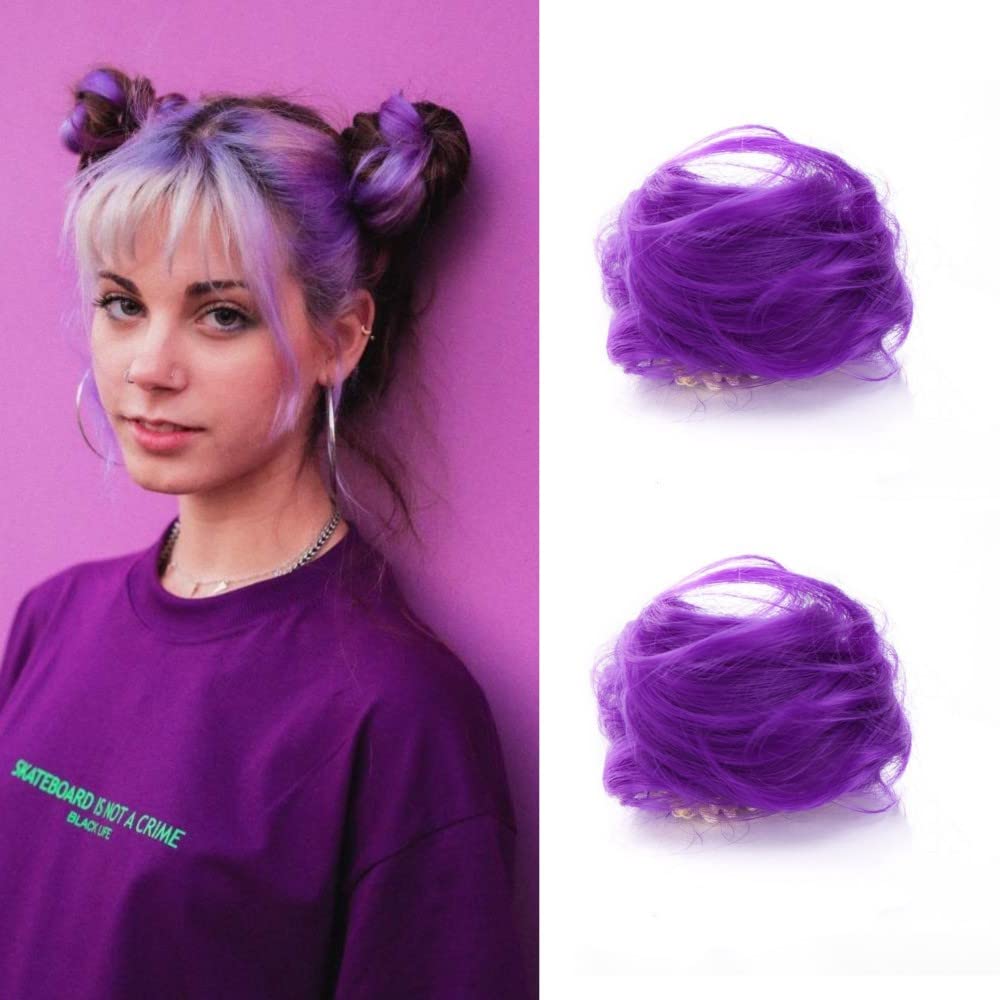 SJZDYLXY 2PCS Space Bun Claw Clip in Buns Donut Chignon Cat Ears DIY Hair Buns Updo Hairpieces Hair Extensions Wig Accessory for Women Girls (Purple), 68 g