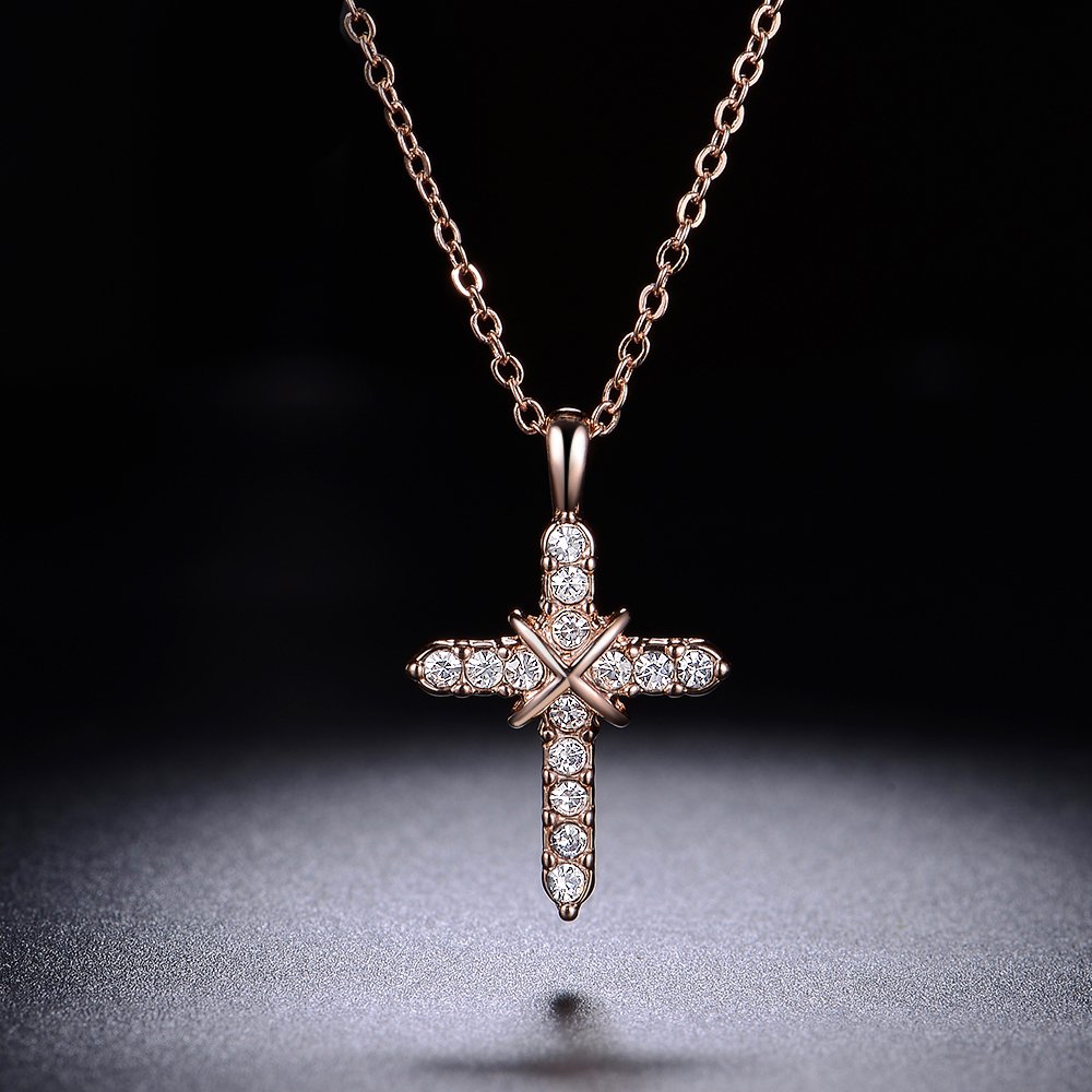 dnswez 14k Rose Gold Plated Crystal Cross Pendant Necklace 18\