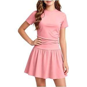 Girls Tennis & Golf Athletic Workout Dress, Short Sleeve Crew Neck A Line Quick Dry Casual Outfit for Girls Ages 5 to 15