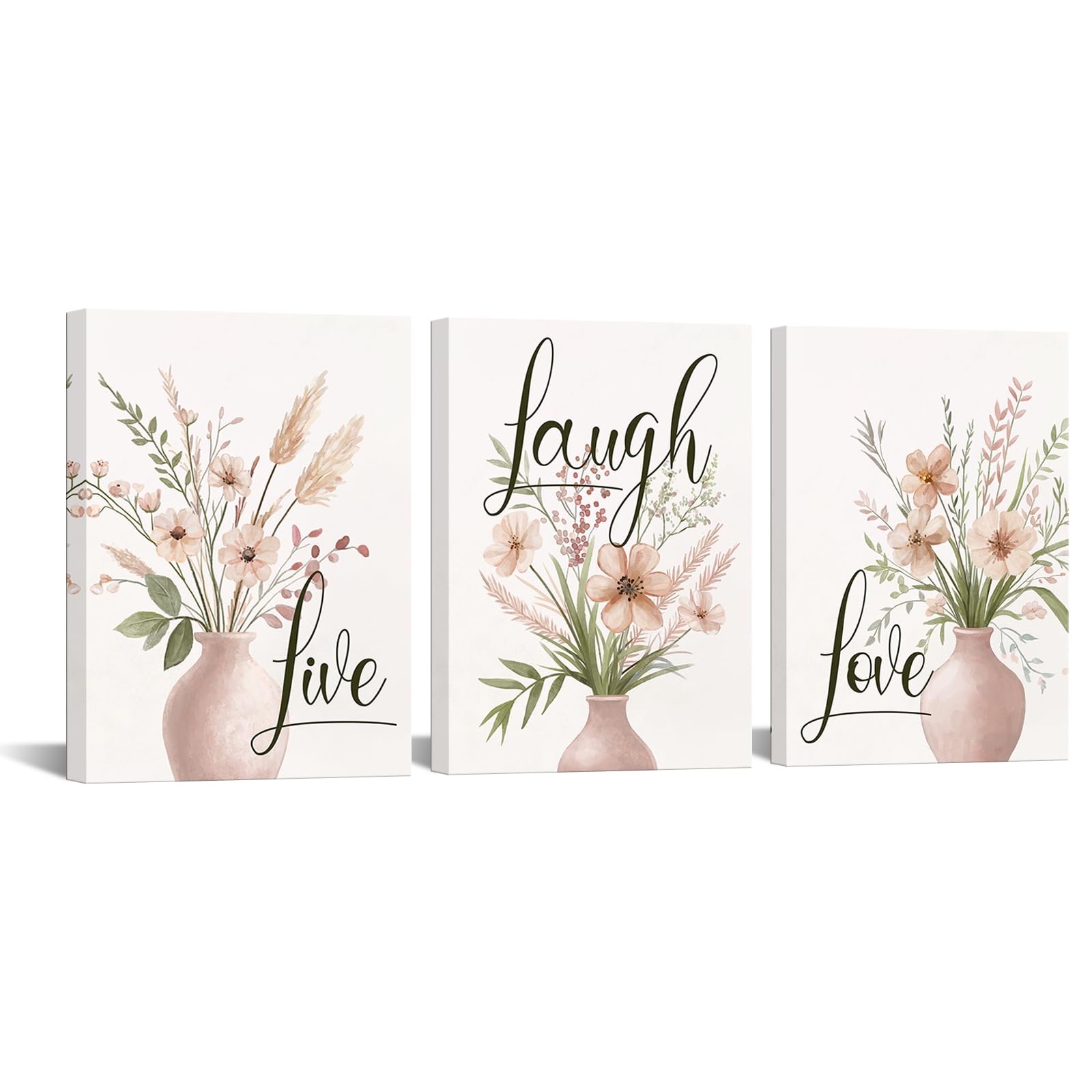 Photo 1 of KREATIVE ARTS Farmhouse Pink Floral Canvas Wall Art, Wildflower in Vase Live Love Framed Flower Laugh Picture Prints for Bedroom, Bathroom, Set of 3 Panels 12x16 Inches Ready to Hang