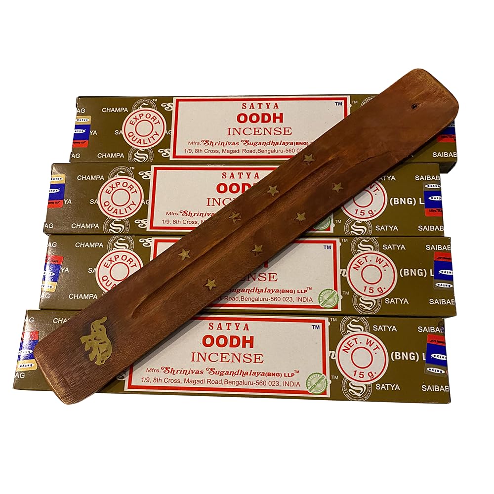 VIE Satya Incense Sticks, 4 Packs x 15g, with Incense Holder, Oodh