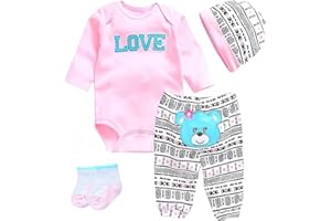OYESY Reborn Baby Dolls Clothes Accessories Pink Outfit for 17-22 Inch Reborn Newborn Baby Clothing Set 【Super Cute Bear 'Love' 4pcs Set 】
