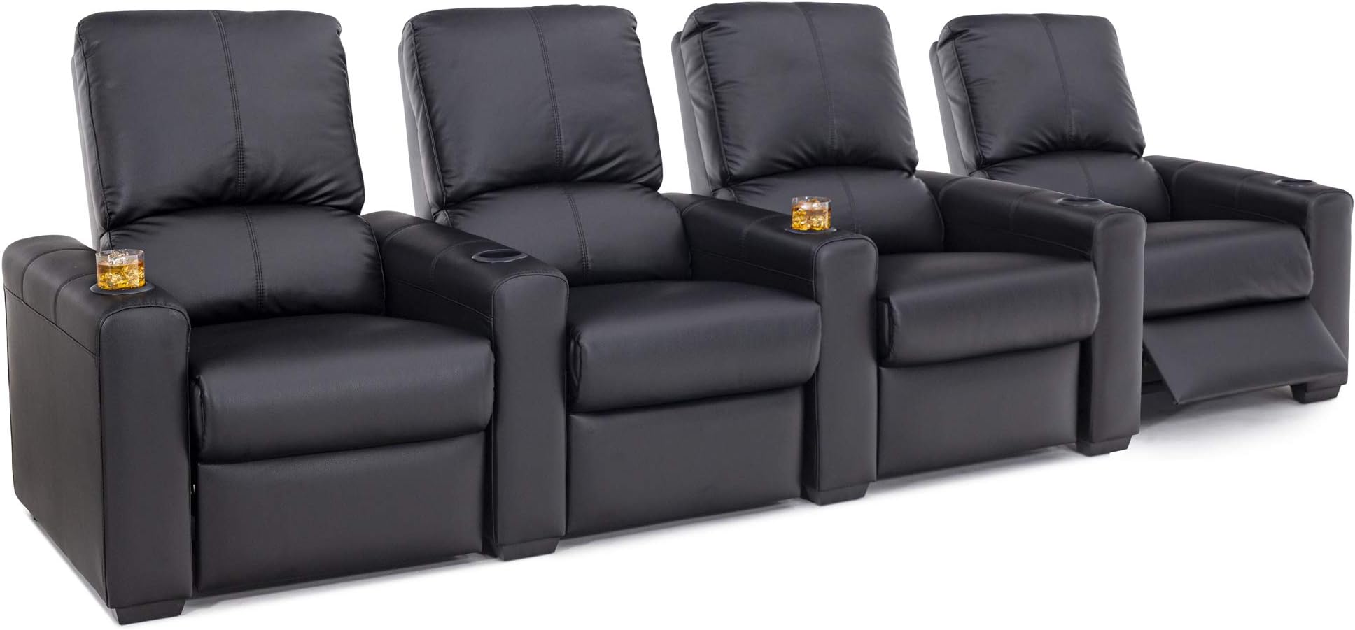 Heritage Compass - Home Theater Seating - Pushback Recliner - Leather Gel - Cup Holders - Black - Row of 4